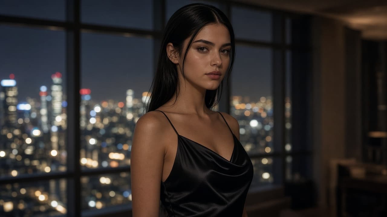 Character in a black silk dress by a night skyline