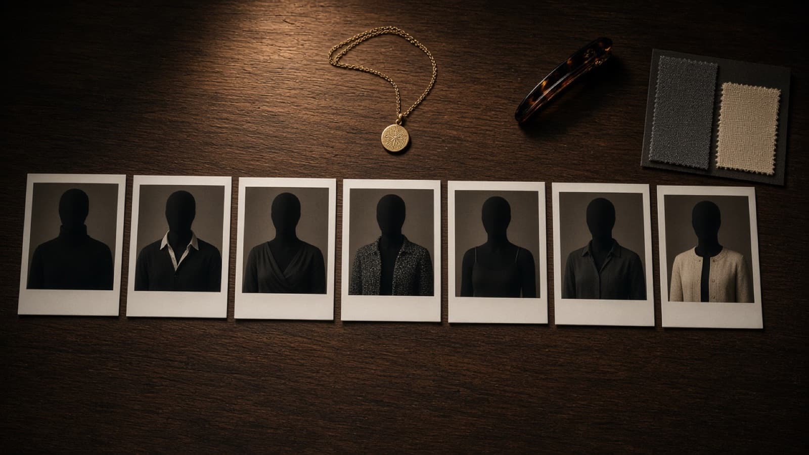 A row of portrait prints of one silhouette in different outfits