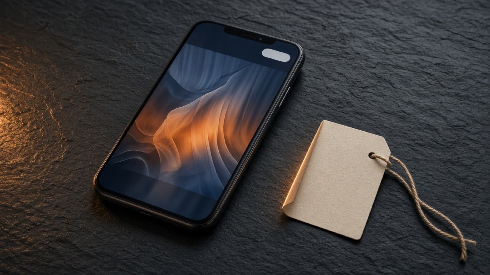 A phone with a label badge next to a paper tag
