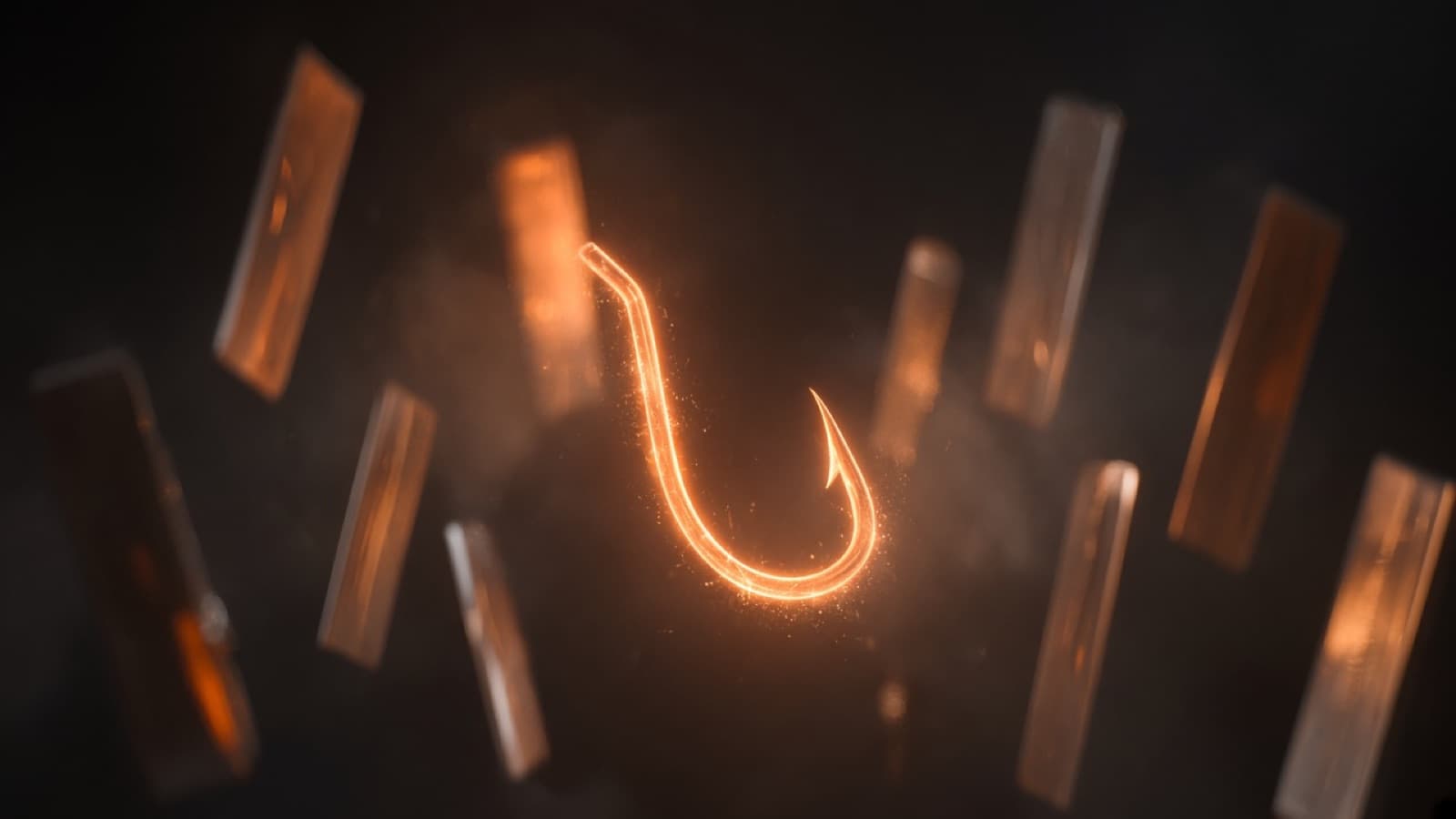 A glowing hook floating among phone-shaped light panels