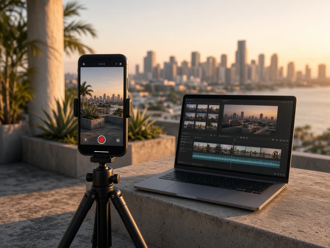 Phone on a tripod and an edit timeline on a rooftop at golden hour