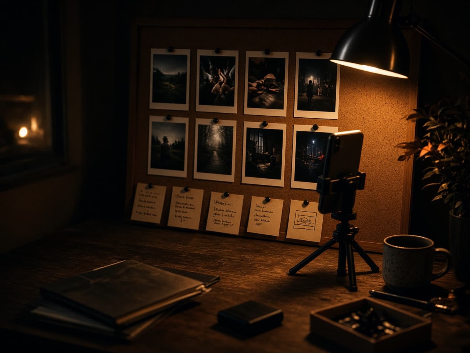 Storyboard frames and hook cards pinned above a desk