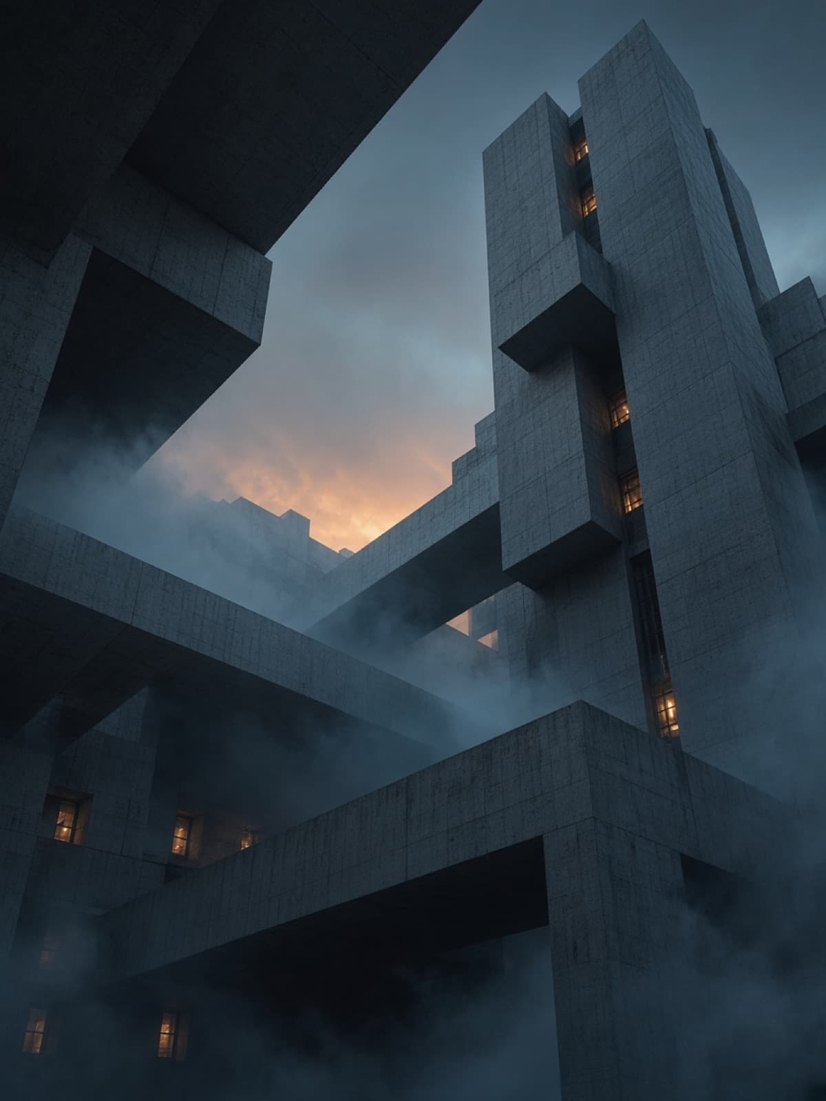 Monumental concrete architecture at dusk