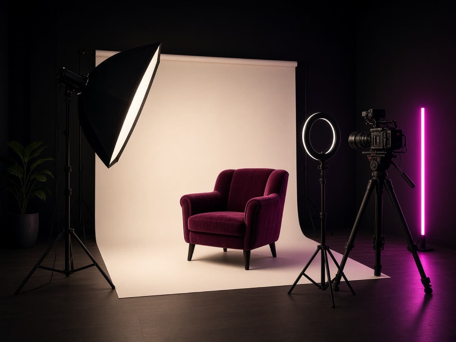 Empty creator studio set with lights